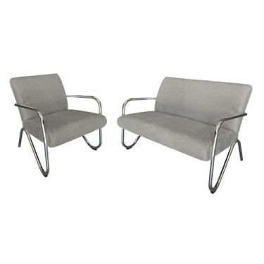 Imagem de Kit Namoradeira +  Poltrona Decorativa Bela Linho Bege Braço Cromado -