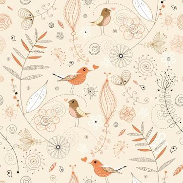 Imagem de Papel De Parede Adesivo Pássaros Flores Laranja Lavável 5m