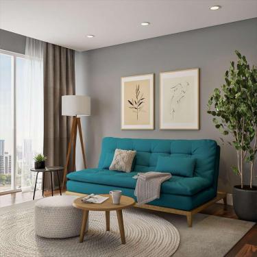 Imagem de Sofá-Cama 3 Lugares Casal Luxo Base e Pés de Madeira Suede Azul