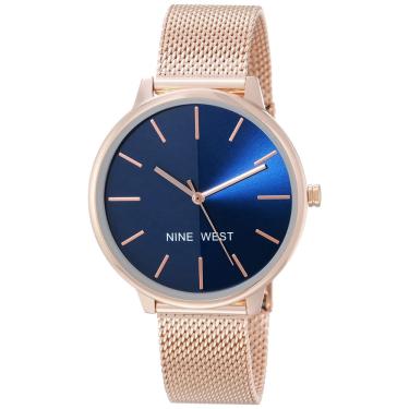 Imagem de Relógio: pulseira feminina de malha Nine West, azul marinho com ouro rosa