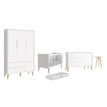 Imagem de Dormitório Theo 3 Portas, Mesa De Canto Branco Com Pés Madeira Natural E Colchão D18 -...