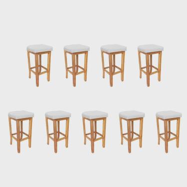 Imagem de Kit 09 Banqueta Alta Ben Gourmet Balcão Bistrô Cozinha Base Madeira Maciça Sintético Branco - Ahz Móveis