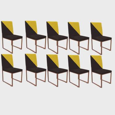Imagem de Kit 10 Cadeira Office Stan Duo Sala de Jantar Industrial Ferro Bronze Suede Marrom e Amarelo - Ahz Móveis
