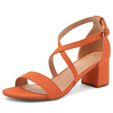 Imagem de mysoft Sandália feminina de salto baixo e grosso, de 5 cm, bico aberto, tira no tornozelo, para casamento, salto alto, Camurça laranja, 37