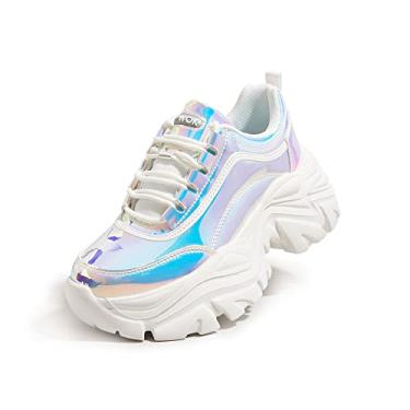 Imagem de K KIP WOK Tênis feminino grosso plataforma de couro branco casual sapatos confortáveis anabela caminhada esporte tênis, Holograma branco, 8