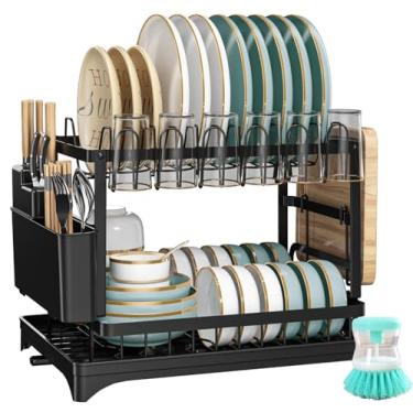 Imagem de Escorredor de Louça Inox para Balcão de Cozinha 2 Andares com Bandeja Removível, Porta-Talheres e Escova de Limpeza - Organizador Modular de Aço Inoxidável Grande (Preto)