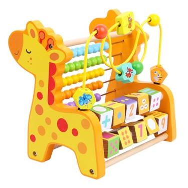 Imagem de Ábaco Educativo Infantil Montessori, Brinquedo de Madeira com Design de Animais, Blocos Numéricos e Contas Coloridas (Amarelo - Girafinha)