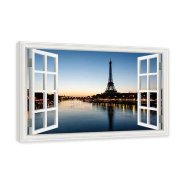 Imagem de Vista de janela falsa. Tela de pintura da Torre Eiffel. Impressão de imagem natural em tela para decoração de casa. (Edifícios famosos 24). Moldura interna de 70 x 105 cm - 27,6 x 41,4 pol