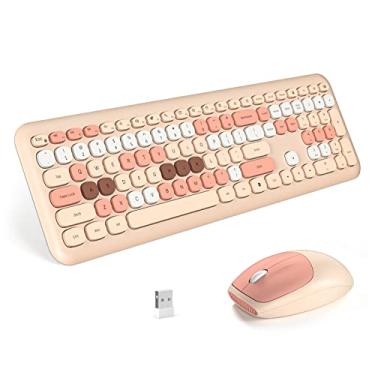Imagem de Meidosa Combo de teclado e mouse sem fio, bonito teclado colorido sem fio 2,4 G Dongle USB Plug and Play para PC, laptop, computador (chá leite)