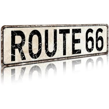 Imagem de Route 66 placas de estrada vintage decoração de quarto placa de metal retrô placa de estrada, US 66 High Way placa de decoração de lata para casa, quarto e garagem decoração de parede 4× 16 polegadas