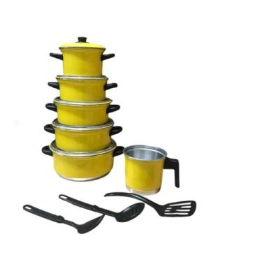 Imagem de Jogo De Panelas Preto Craqueado Kit 09 Pçs CaçarolaLeiteira Kit Talheres(Amarelo)