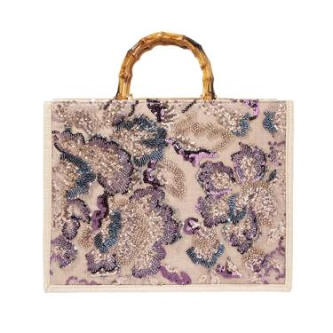 Imagem de Abvokury Bolsa de mão floral bordada com alça de bambu para festa de casamento, rosa