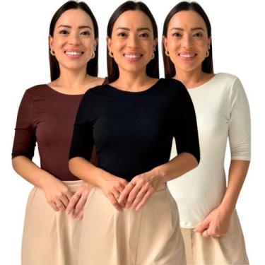Imagem de Kit 3 Blusas Feminina Manga 3/4 com Abertura nas Costas - Maranne, Kit