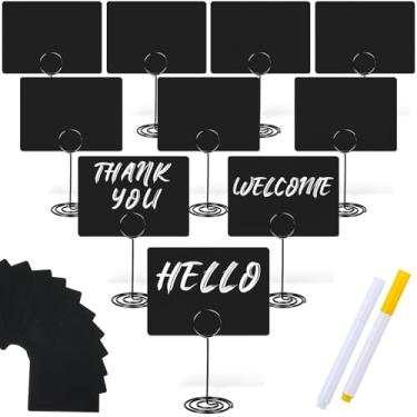 Imagem de TecUnite Pacote com 12 mini placas de quadro-negro, etiqueta pequena de quadro-negro de 10 x 7,6 cm com suporte de metal, 2 giz à base de água para buffet de comida, placas de lousa de mesa para