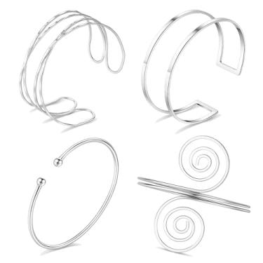 Imagem de FIRAZIO Conjunto de 4 peças de punho dourado para mulheres, pulseira de braço ajustável, pulseira de braçadeira minimalista, joia de braço de bobina, 7, Aço inoxidável, Sem Pedra Preciosa