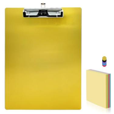 Imagem de Prancheta de alumínio para escritório, suporte de caneta de metal inoxidável, clipe de perfil baixo, tamanho A4, 23 cm x 32 cm, com notas adesivas para escola, escritório, negócios, médicos, profissionais (ouro)