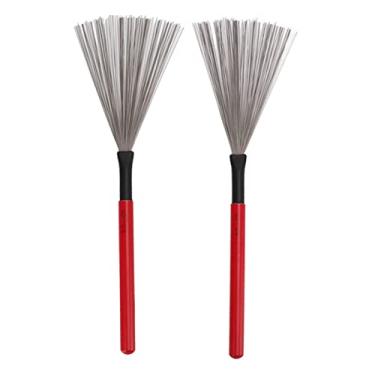 Imagem de 1 par de escovas de bateria Escova de baqueta de arame de aço com cabo de madeira confortável, escovas de percussão portáteis para jazz, rock, acústico e uso extensivo (Vermelho)