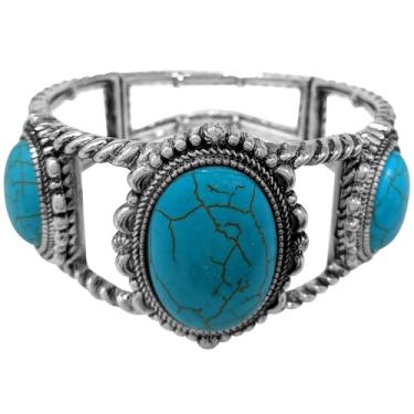 Imagem de Rosemarie & Jubalee Pulseira elástica feminina estilo cowgirl chique ocidental polido prateado turquesa azul conchos, 18 cm, One Size, Liga metálica, howlita, Howlite