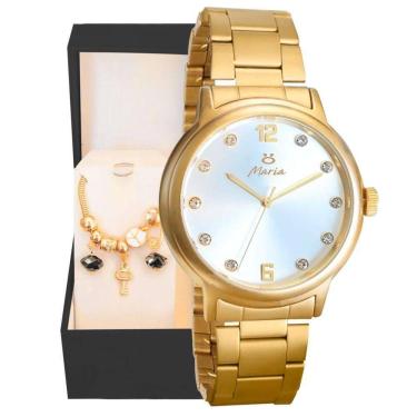 Imagem de Relogio Feminino Aço Inox Dourado + Pulseira Pandora + Caixa Social Presente Qualidade Premium Moda