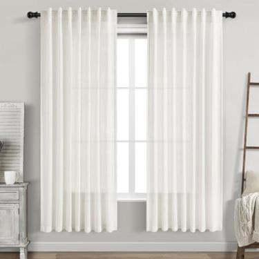 Imagem de Cortinas de linho branco bege 182 cm de comprimento para sala de estar cortinas leves para porta conjunto de 2 painéis para quarto de crianças, filtro de luz, cortina traseira com bolso para varão