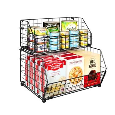 Imagem de Cesta de frutas vegetais 2 níveis cesta de armazenamento de arame de parede cesto empilhável destacável organizador de cozinha despensa cesta para lanches alimentos enlatados armário de armazenamento de cebola de batata