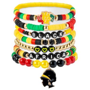 Imagem de Y1tvei Conjunto de pulseiras pretas africanas - 7 peças Africa Stay Live Heart Charm Clay Beaded Stretch Bracelet Juneteenth Freedom Day Party Favor Presente Black History Month Friendship Chains