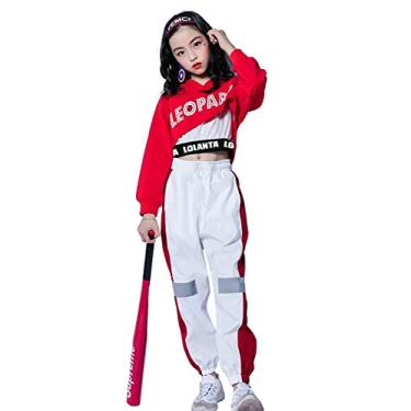 Imagem de LOLANTA Fantasia de dança feminina Hip Hop Jazz Street Dance Outfits, Moletom com capuz infantil + Regata + Conjunto de calças jogger, Vermelho, 12-14
