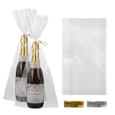 Imagem de Klmnop Sacos de presente transparentes para garrafas de vinho, 150 unidades de sacos de celofane de 23 x 50 cm para garrafas de vinho com 200 peças de laços torcidos dourados e prateados para