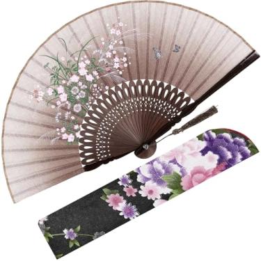 Imagem de BAICFQUK Ventoinhas de mão para mulheres, dobrável, dobrável, leque portátil, chinês, japonês, vintage, bambu, seda, leque dobrável para presente de festival de música de dança (flor marrom)