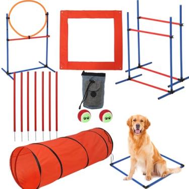 Imagem de Conjunto de quintal de pista ágil para cães, quintal de pista de obstáculos para cães com 2 conjuntos de obstáculos de agilidade, anel de salto, túnel, caixa de pausa, 8 bastões de tecelagem, bolas de