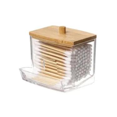 Imagem de Suporte Organizador Porta Cotonete Higiene Acrílico Com Tampa Bambu Tr