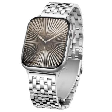 Imagem de Tasikar Correia metálica compatível com Apple Watch 49 mm 46 mm 45 mm 44 mm para homens e mulheres, correias de substituição de aço inoxidável para iWatch Ultra SE série 10 9 8 7 6 5 4 3 2 1, prata