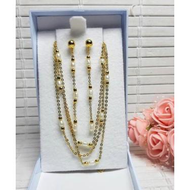 Imagem de Gargantilha pérolas com brincos Folheado ouro 18k. - Planeta Rubi