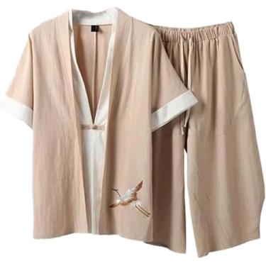 Imagem de Pijama Masculino De 2 Peças Terno De Verão Camisola De Algodão Pijama De Manga Curta Shorts Pjs Conjunto Com Bolsos, Apricot, 9XL