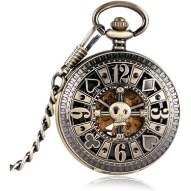 Imagem de Fob Mecânico Automático Poker Oco Pingente Bronze Relógios De Bolso Com Corrente Homens Mulheres Esqueleto Relógio Relógio De Bolso Presentes