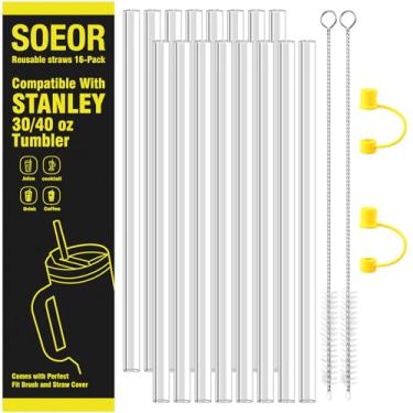 Imagem de Pacote com 16 canudos para Stanley copo de 850 g e 1,134 g, canudos de 30,5 cm, inclui escova de limpeza e tampa de canudo