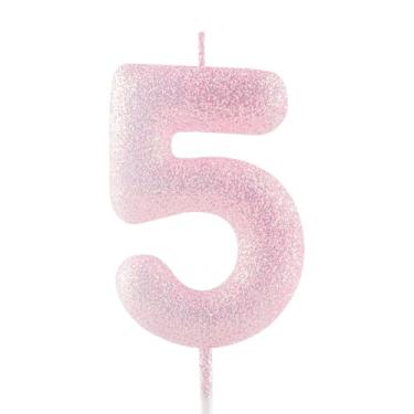 Imagem de Vela de 5º aniversário rosa com glitter número 5 velas luminosas de topo de bolo decorações de feliz aniversário para meninas, meninos, mulheres, comemorações, artigos de festa