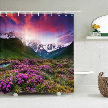 Imagem de Cortina de chuveiro de tecido de paisagem natural Montanhas Floresta Cortinas de banho para decoração de banheiro com 12 ganchos, JK6261, L90 x A180 cm