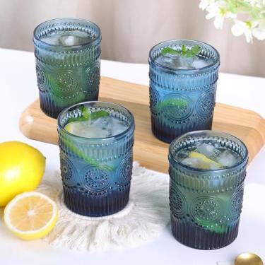 Imagem de Conjunto de copos de vidro vintage com copos azuis de 118 a 300 ml, copos de vidro em relevo para suco, cerveja, coquetel, uísque, várias bebidas mistas