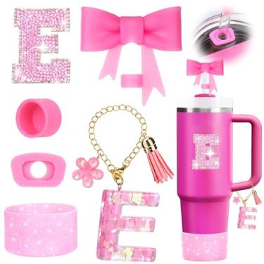 Imagem de Mity rain 6 peças de acessórios de copo rosa para Stanley Cup 850.5 g 1,134.0 g - Decoração de iniciais de copo para Stanley, incluindo tampa de palha de silicone e bota, tampa à prova de derramamento