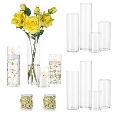 Imagem de Hewory Vasos cilíndricos de vidro para centros de mesa: conjunto de 12 vasos de furacão transparentes a granel com cordão de pérola para decoração de festa de aniversário de mesa de casamento