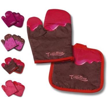Imagem de Kit Luva Térmica e Descanso de Panela Estampado Caldas Cozinha Forno Fogão Pegador Resistente ao Calor 2 Peças (Calda de Morango)