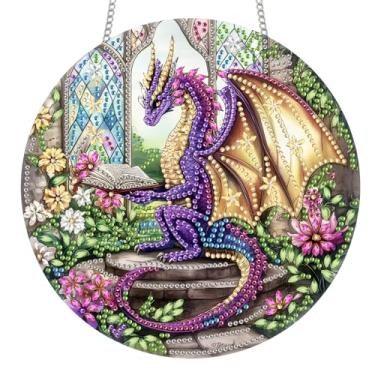 Imagem de Reofrey Kits de arte de diamante para pendurar para adultos - 20 x 20 cm placa acrílica de dinossauro dupla face padrão diamante arte suncatcher pingente, arte de cristal DIY para decoração de parede