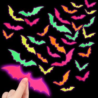 Imagem de Skylety 72 peças de decoração de morcegos de Halloween 4 tamanhos diferentes realistas adesivos de morcego 3D neon rosa vermelho amarelo laranja verde DIY decalque de parede para Halloween meia-noite