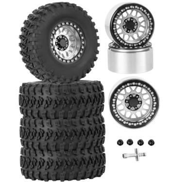 Imagem de RCarmubWow RC 2.2 Beadlock Tires Set 2.2" Wheels and Tires for 1/10 RC Crawler Axia1 SCX10 AMG 6X6 TRX4 Redcat Gen8 Gen7 Pro,Alloy 2.2 RC Rims Rubber Tires,Silver