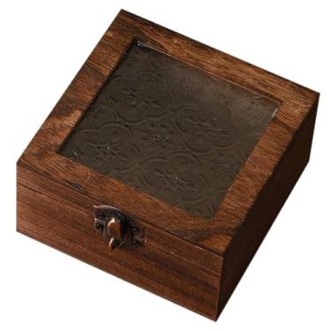 Imagem de Bothyi Caixa de armazenamento de madeira, organizadora, resistente, decorativa, com tampa de vidro, caixa de lembrança, ornamento para quarto, cozinha, Quadrado Marrom Escuro