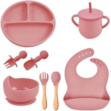 Imagem de Kit Alimentação Bebê, Introdução Alimentar, 8 Peças em Silicone, Seguro, Sem Pontas, Com Ventosa, Livre de BPA, Antibacteriano, Atóxico, Qualidade Premium (Rosa)
