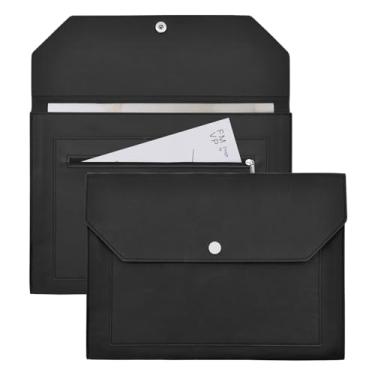 Imagem de VANRA Pasta de arquivo expansível de couro PU organizador de documentos com botão de pressão bolso com zíper, estojo de pasta envelope para papel tamanho carta A4 (preto)