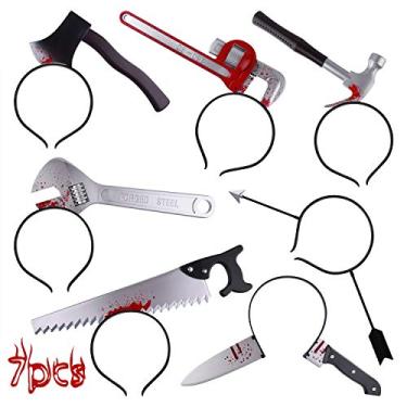 Imagem de FEPITO 7 peças de faixas de cabelo para o dia das bruxas, faixas de cabelo de zumbi, alças de cabeça para cravo, machado, tesoura, martelo, estampa, bandanas para carnaval de Halloween, 7 estilos