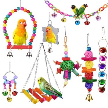 Imagem de ESRISE 8 peças de brinquedos de papagaio periquito pássaro, calopria, sino pendurado, gaiola de pássaros, brinquedo de mastigar poleiro de madeira para papagaios pequenos, conures, pássaros do amor, tentilhões